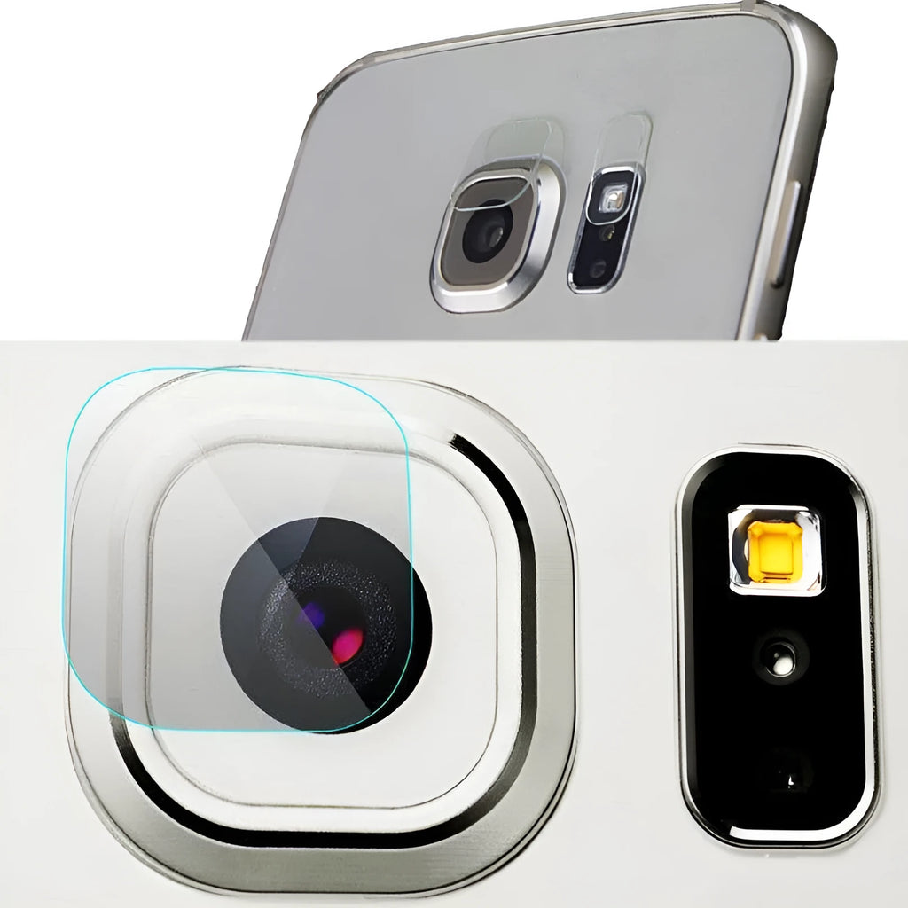 Tempered glass rear camera lens and flash protector for Samsung Galaxy S8 phone.