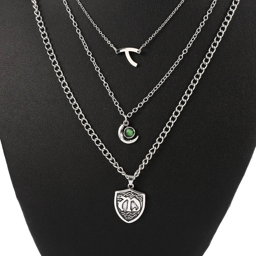 Silver electroplated alloy multilayer short necklace with Seven Deadly Sins pendant and water wave chain