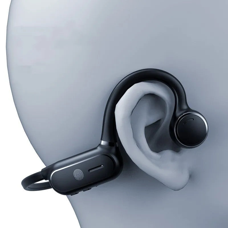 Black air conduction Bluetooth wireless earphone with a bendable titanium neckband and touch controls.