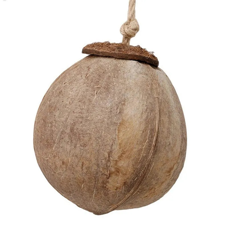 Natural coconut shell bird nest with ladder for parrots and hamsters, 11 cm total diameter