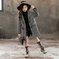 Grey houndstooth pattern coat with suit collar and long sleeves for girls.