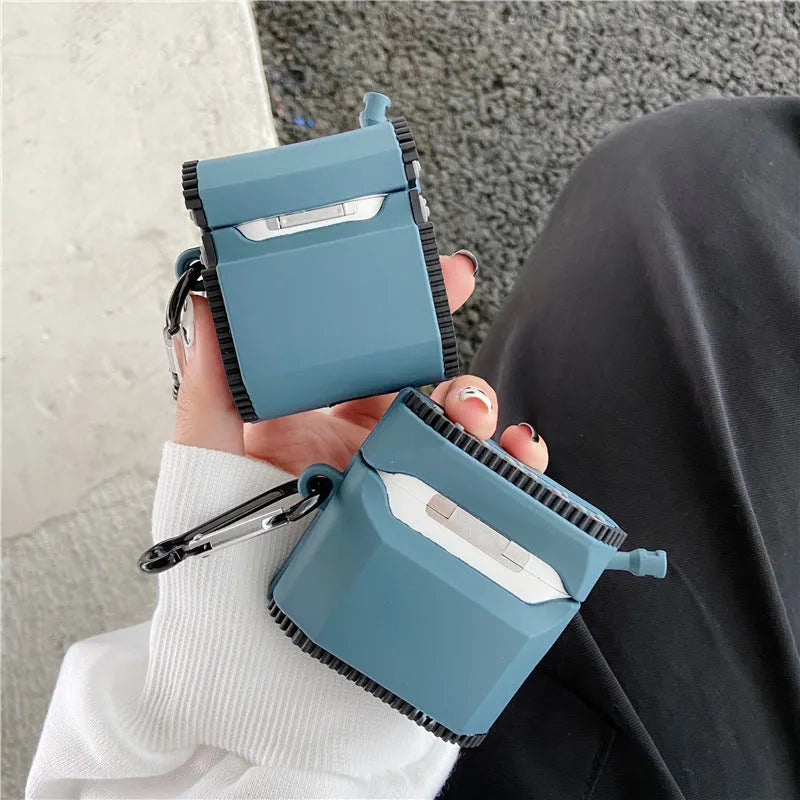 Silicone earphone box clamshell case with tank design and hook, compatible with AirPods models
