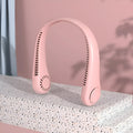 Pink USB rechargeable bladeless neck fan with flexible band, showing adjustable speed buttons.