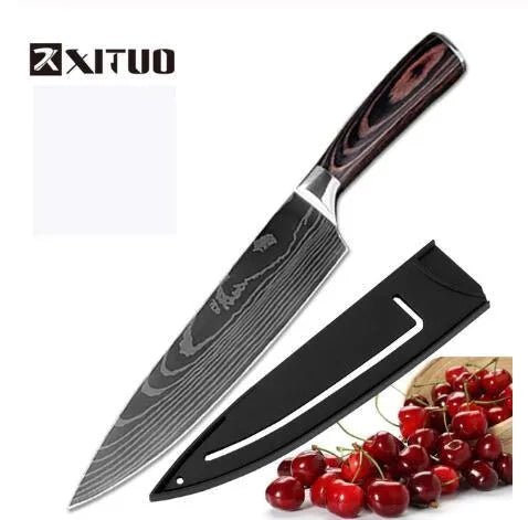 Stainless steel kitchen knife with coloured wood handle and laser Damascus pattern on the blade