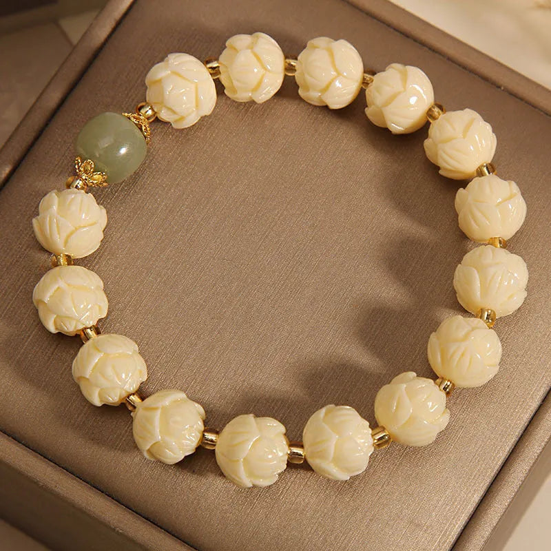 Buxus microphylla lotus beads bracelet Hetian jade women's simple floral jewellery