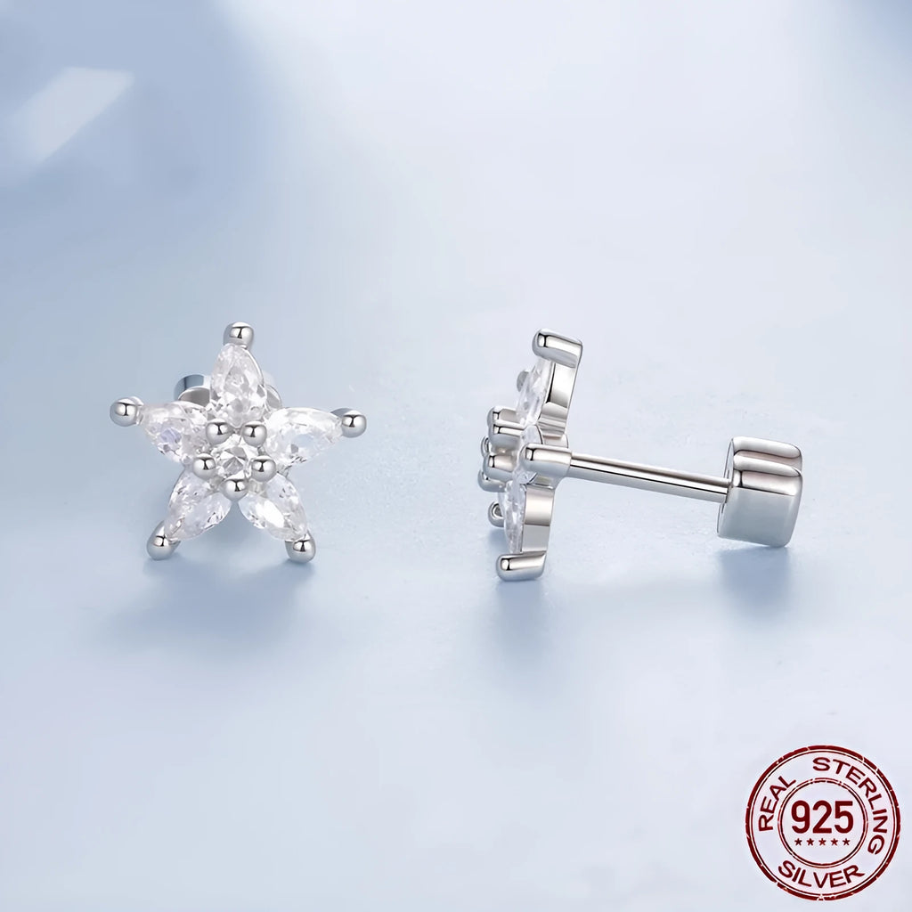 Original Shining Zircon Small Flower Ear Studs for women, silver construction with shining zircon centre, Christmas style