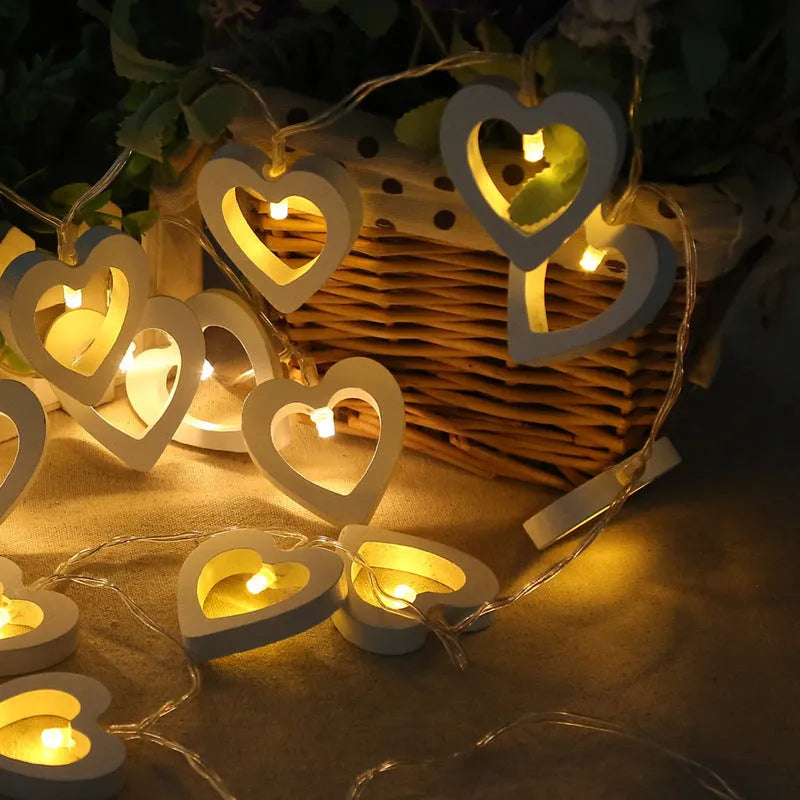 Wooden love lantern string lights in warm white, 1.5m and 3m lengths, battery box or USB powered