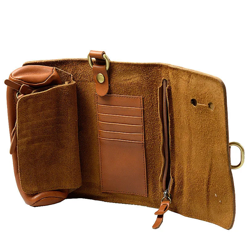 Handmade cow leather vintage wallet showing tape extraction closure and solid colour design