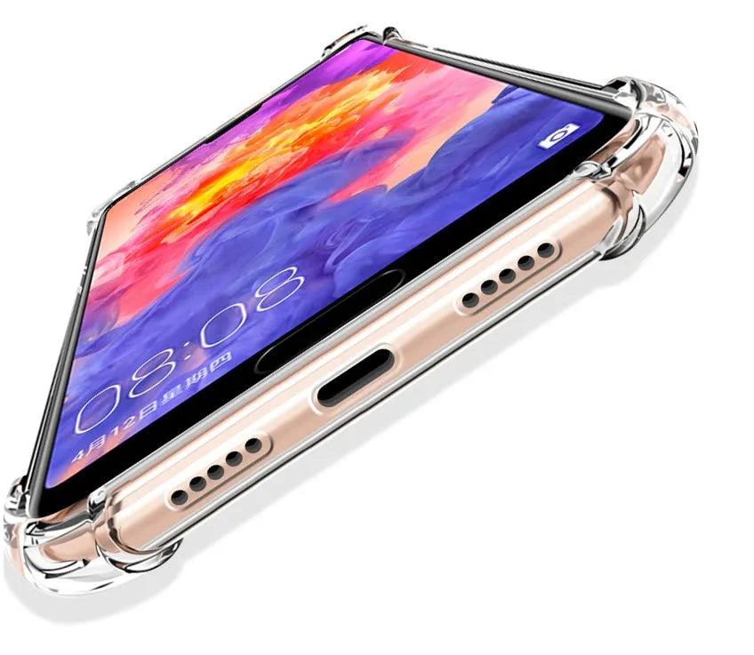 Transparent TPU phone case showing Huawei smartphone inside with visible ports and buttons