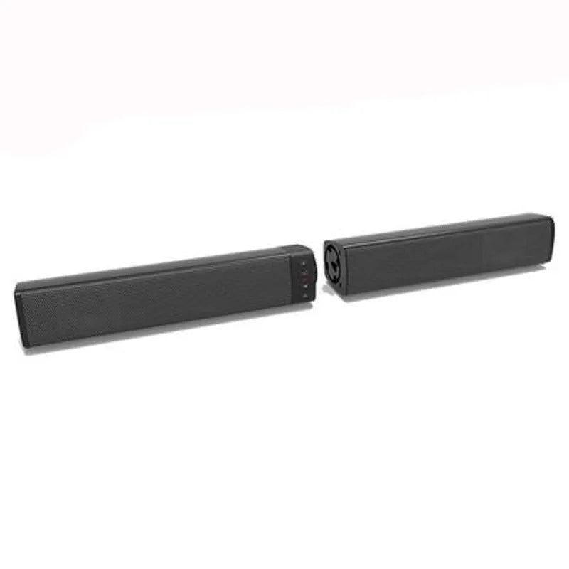 Black foldable split TV Bluetooth speaker with plastic housing showing speaker grilles and control buttons