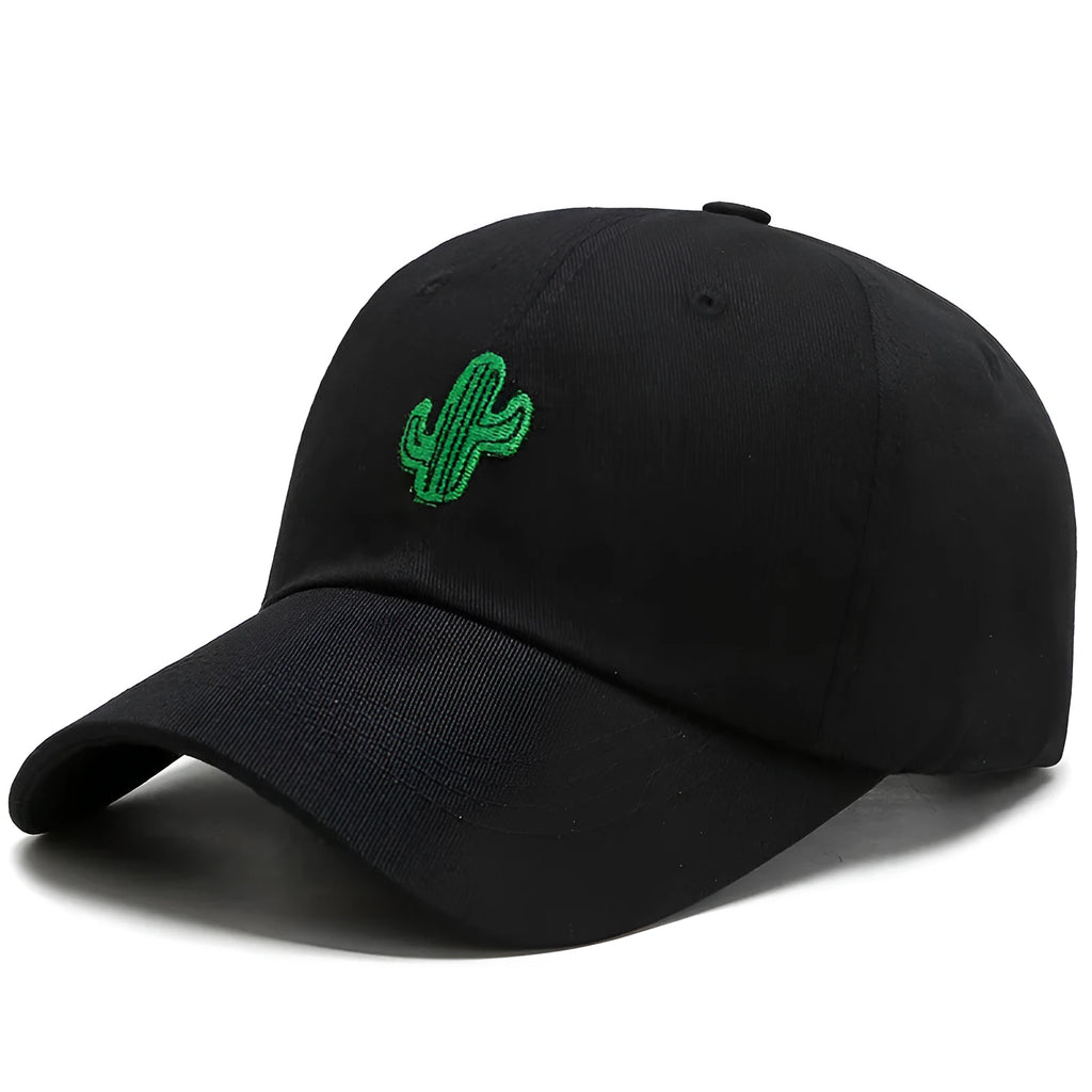 Cotton baseball cap with embroidered cartoon pattern in black, side view, unisex adjustable design
