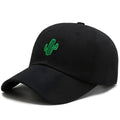 Cotton baseball cap with embroidered cartoon pattern in black, side view, unisex adjustable design