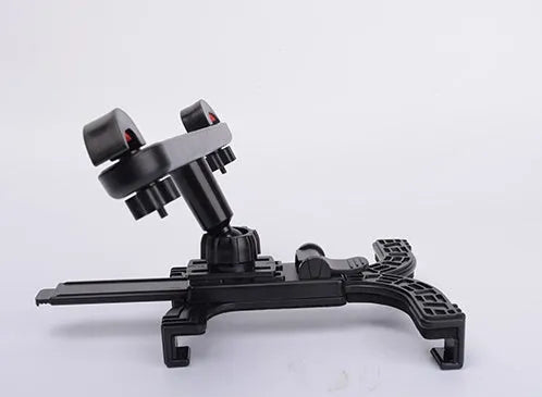 Black universal car tablet holder with adjustable steel mount attached to a car headrest.