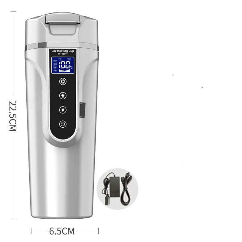 Black car electric heating cup with 400ml capacity, food grade 304 stainless steel inner lining, and power cord placed on a car seat