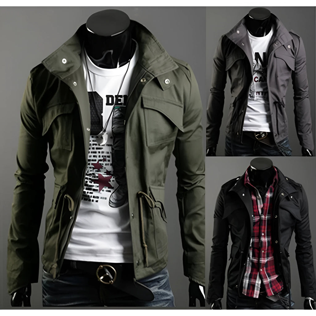 Military style winter jacket in canvas fabric, black colour, front view, with windproof and breathable features