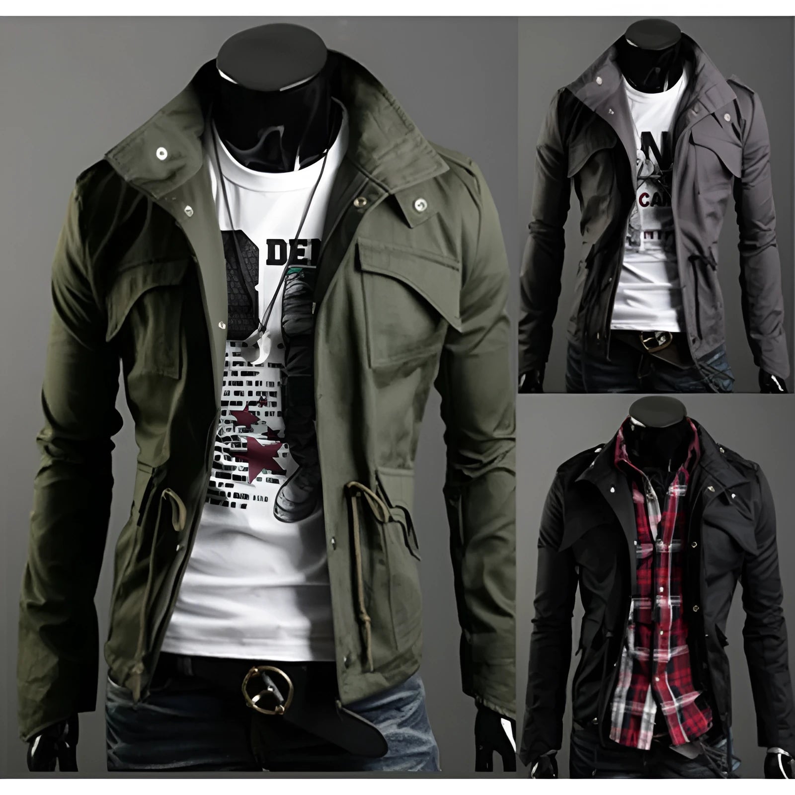 Military style winter jacket in canvas fabric, black colour, front view, with windproof and breathable features