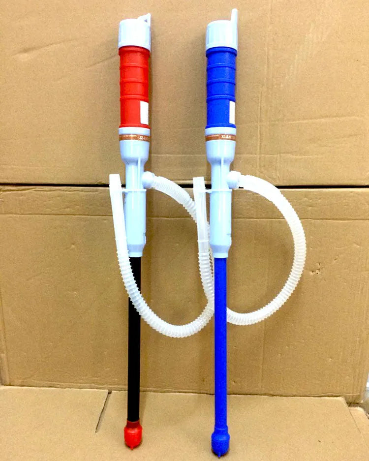 Manual siphon hand pump for fuel and oil transfer with blue plastic construction