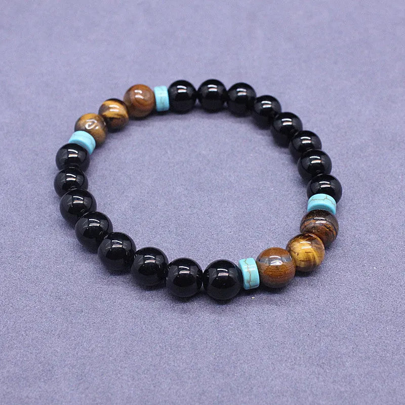 Black agate bracelet and tiger eye stone necklace set with geometric designs