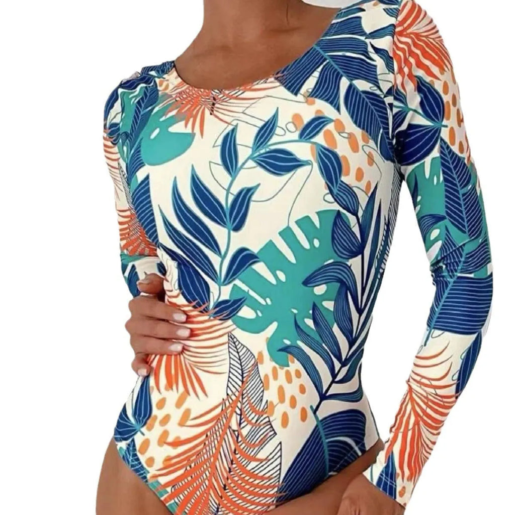 Women's floral printed one-piece swimsuit with split backless design in blue colour