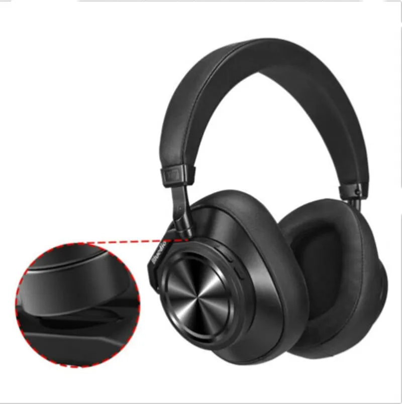 Black wireless Bluetooth headset with head-mounted design and battery display
