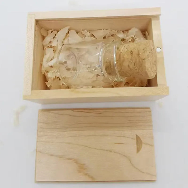 Wooden wish drift bottle shaped USB flash drive with transparent casing showing 60mm length.