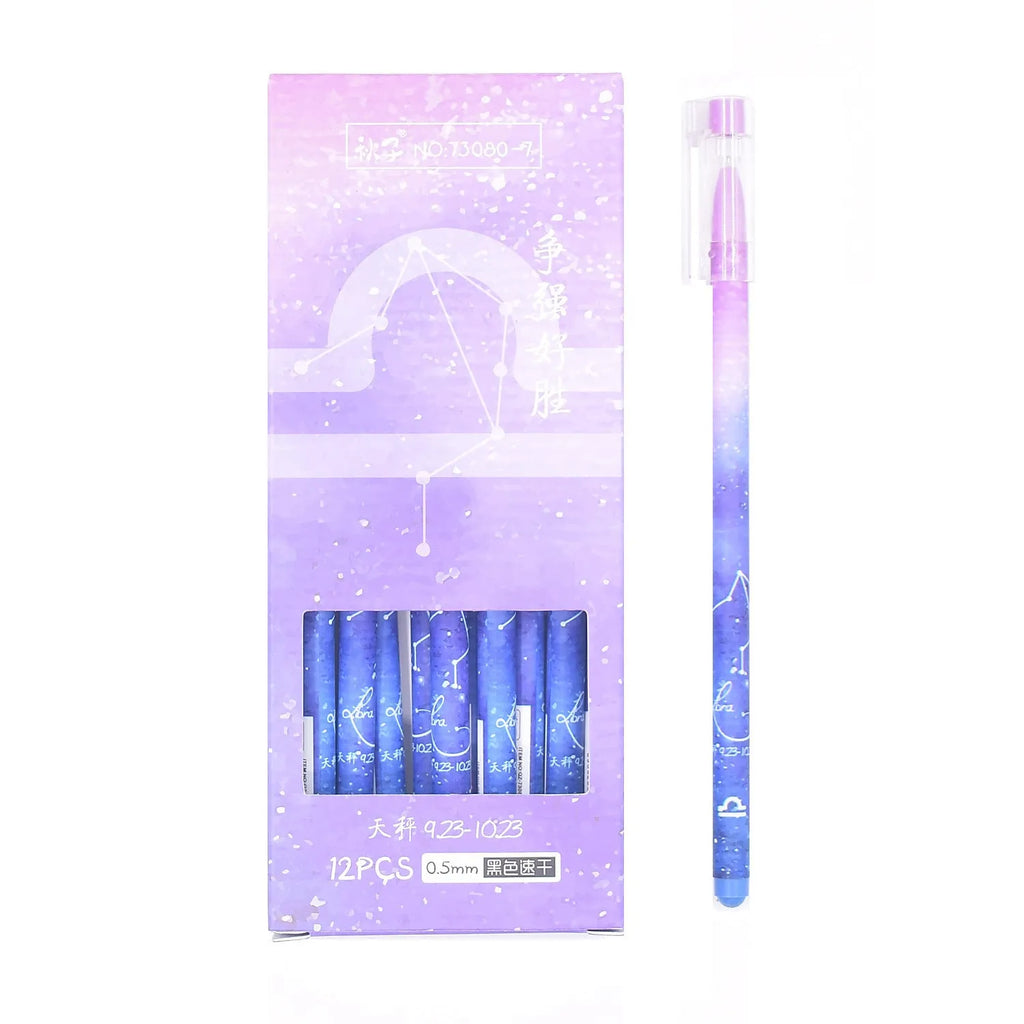 Box containing 12 assorted quick-drying gel pens with 0.5mm fine tips on a white background.