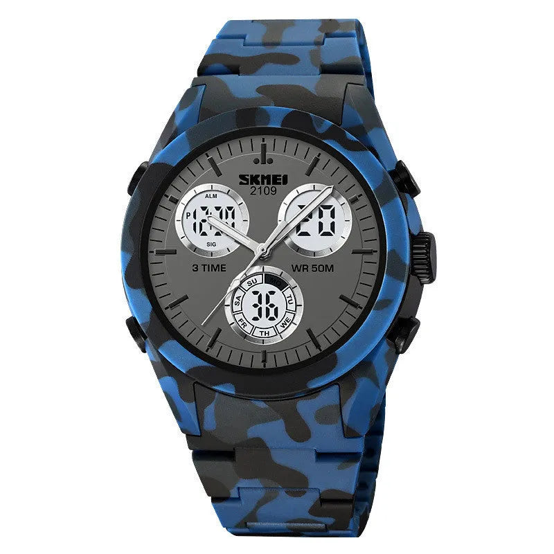 Unisex digital watch with camouflage strap, resin lens, and stainless steel button on a wrist.