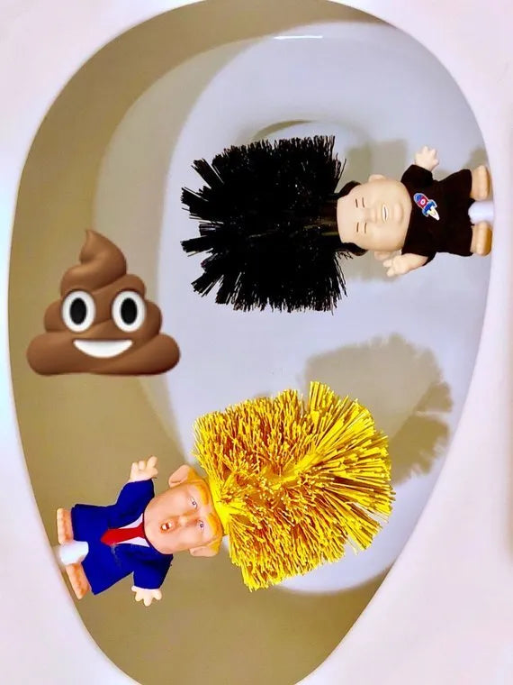 Yellow plastic Donald Trump novelty toilet brush with hanging slot, 40cm length