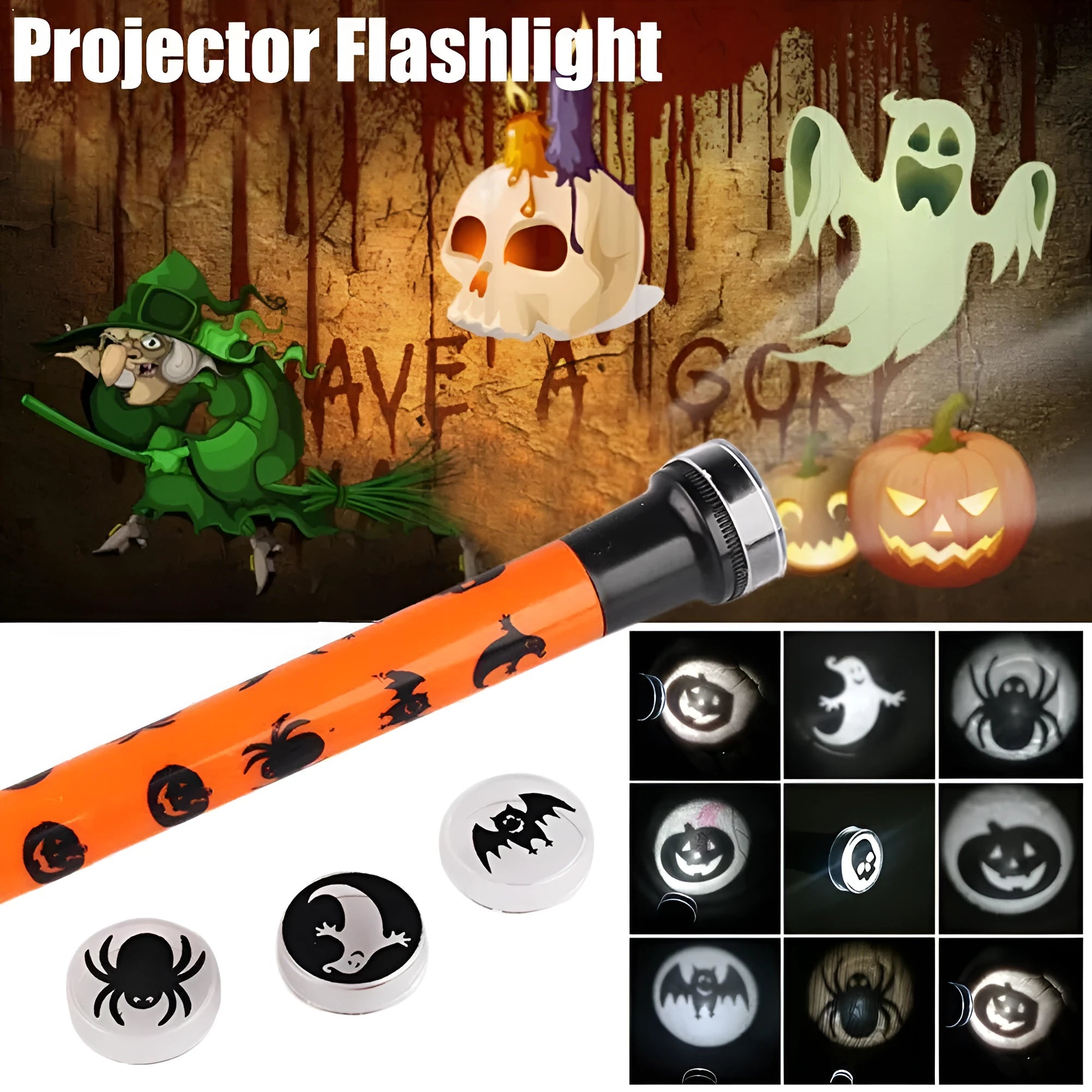 Orange metal pumpkin skull flashlight projection lamp with textured metal finish
