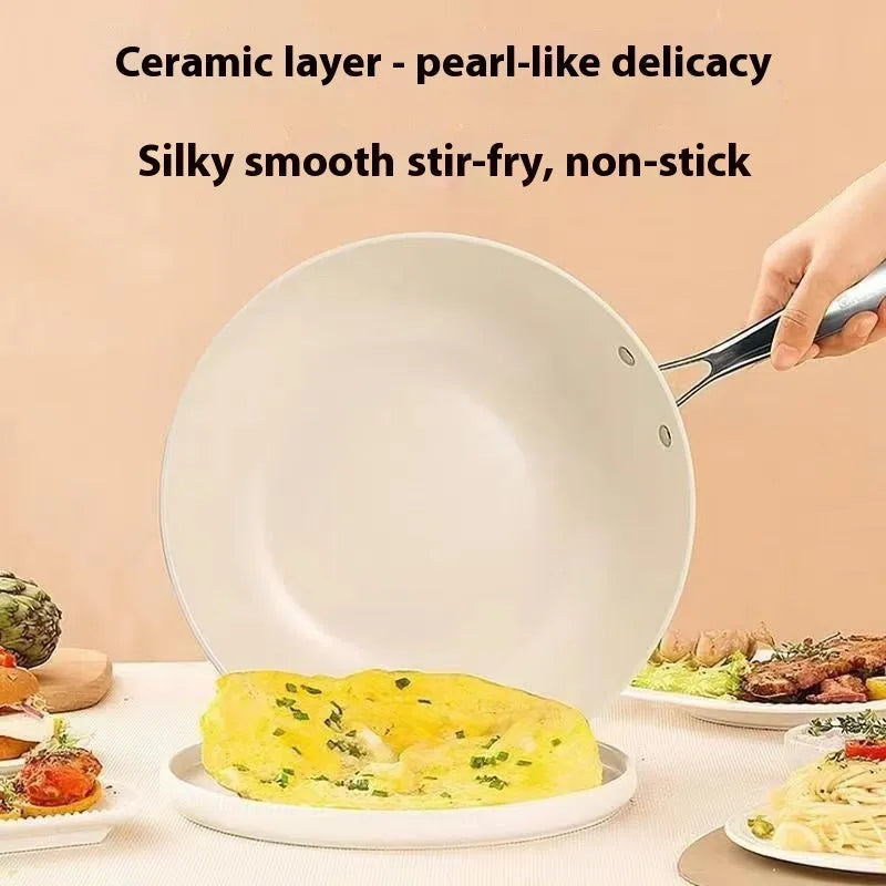 28cm pebble ceramic non-stick stir fry pan with stainless steel glass lid on hob