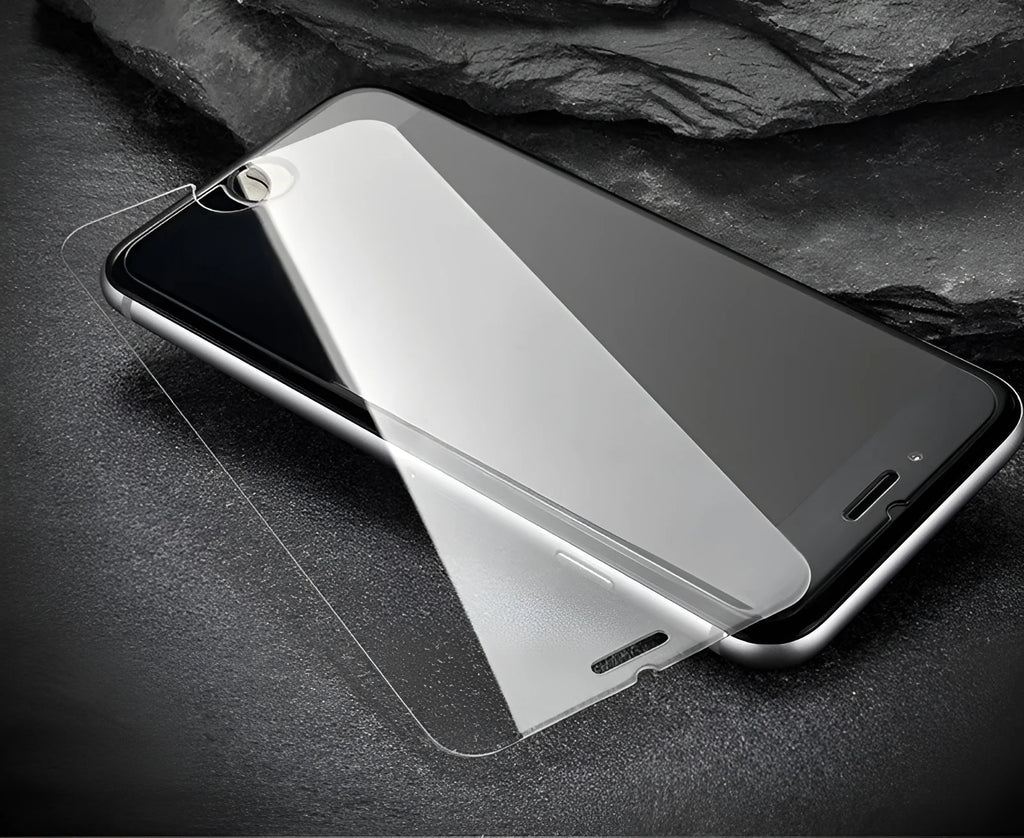 Tempered glass screen protector with 9H hardness for iPhone and Samsung phones.