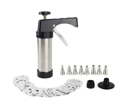 Stainless steel biscuit press cookie machine with 13 mould discs and 8 icing nozzles for home baking