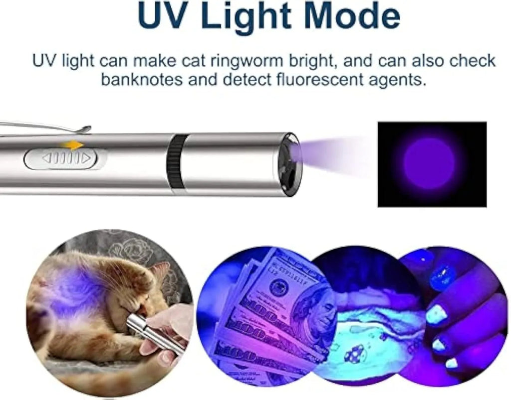 Silver aluminium USB-rechargeable cat laser toy pointer with five pattern options.