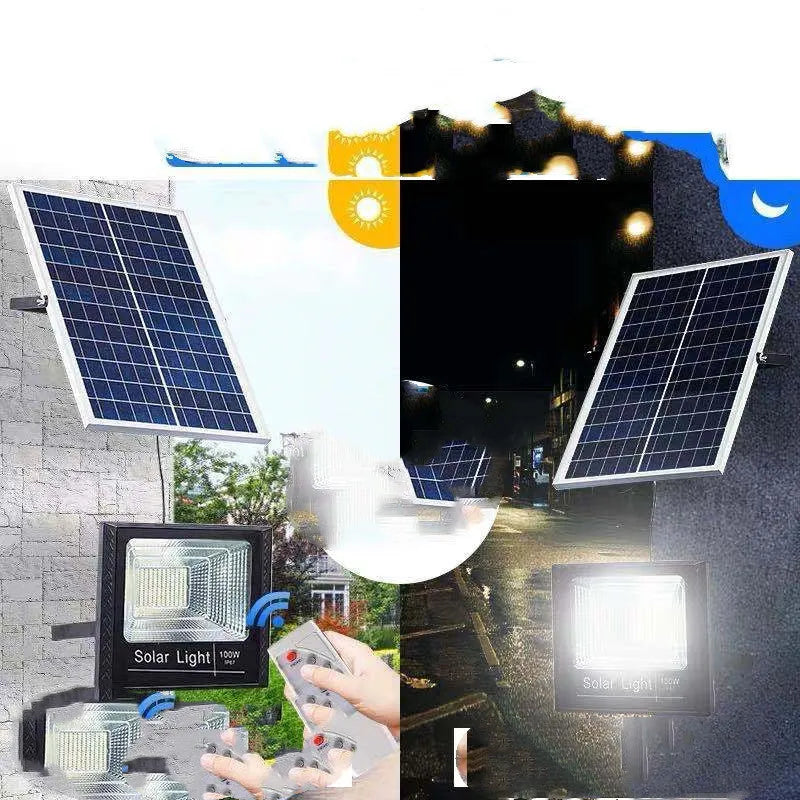 Black solar-powered LED flood light with motion sensor mounted on a wall bracket in a garden setting.