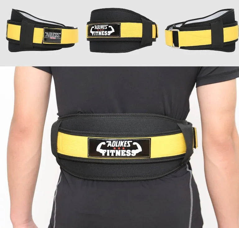 Black nylon fitness weightlifting waistband shown on an adult, adjustable and designed for support.