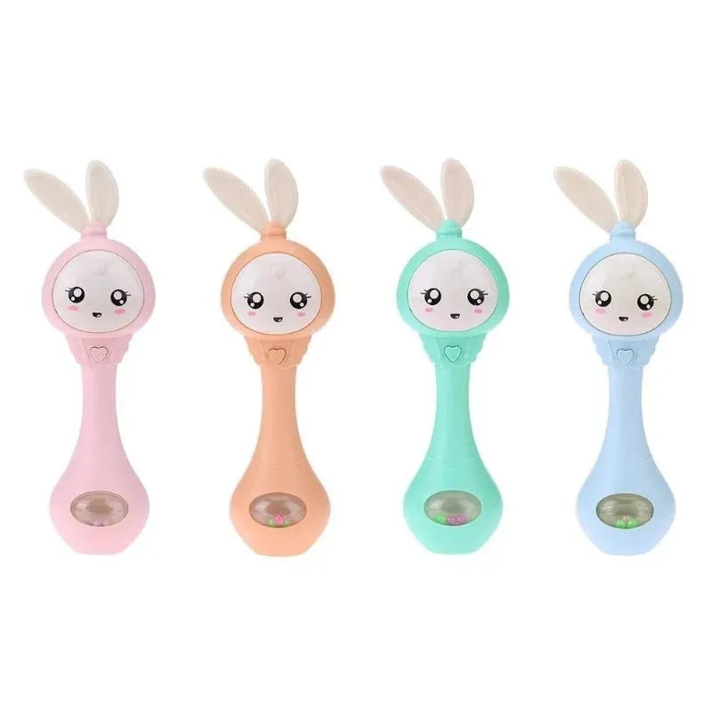 Baby musical rattle stick chewable teether toy in light blue, mint green, orange, or pink.