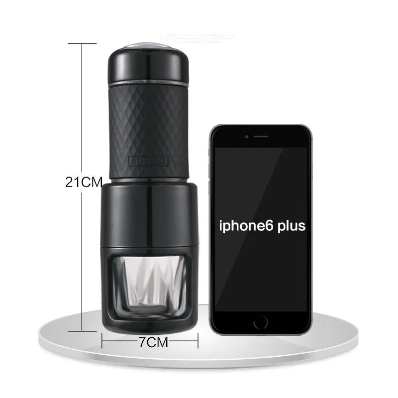 Compact stainless steel portable manual espresso coffee machine in black colour