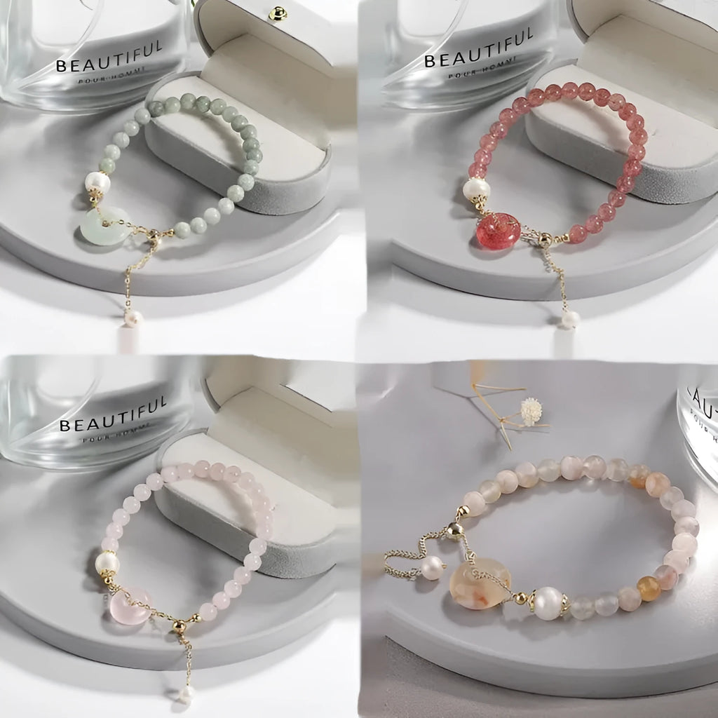 Women's Korean style crystal bracelet with choice of jade pendant, strawberry quartz, or spodumene purple styles and various buckle types.