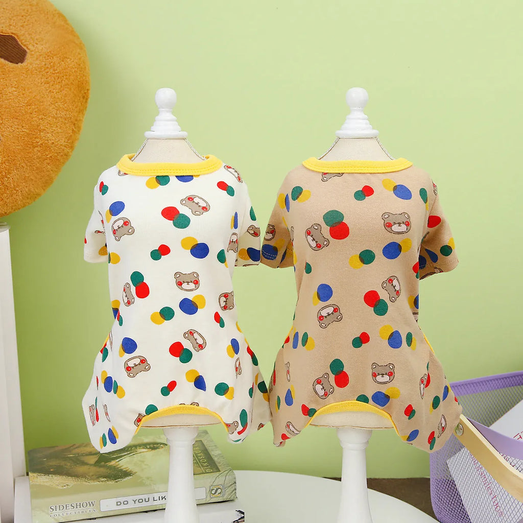 Beige and light brown dog jumpers with colourful ball bear design, sizes S to XXL