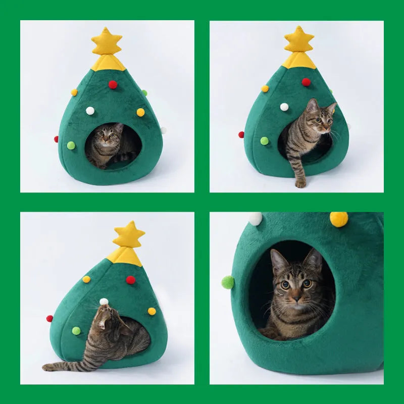Christmas tree styled cave pet bed with plush teddy fabric and detachable cover in three size options