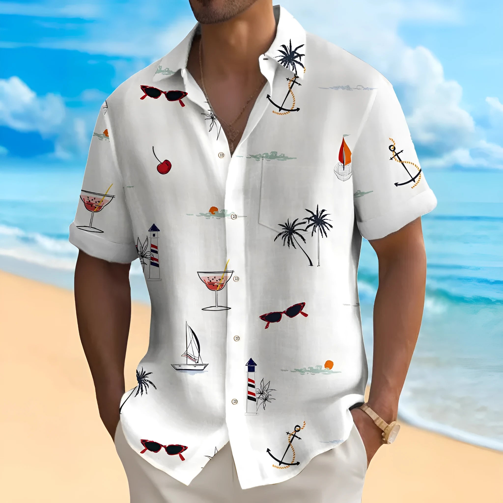 Man wearing a brightly coloured, digitally printed Hawaiian shirt with a loose fit and short sleeves.