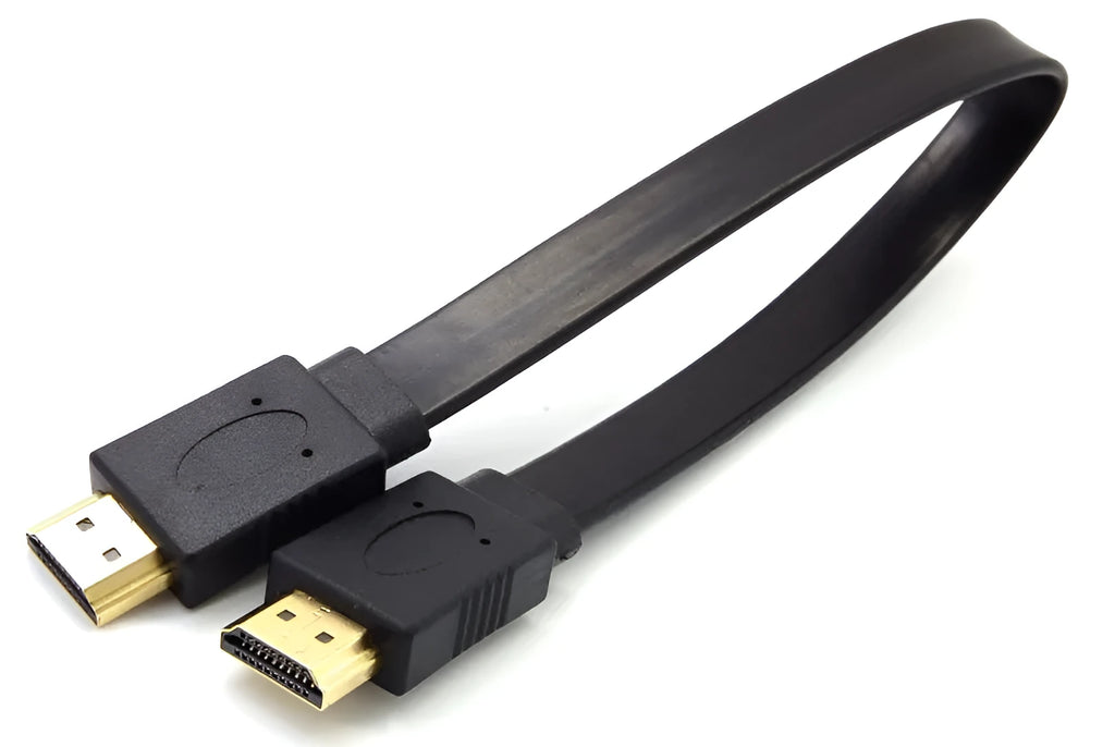 Flat black HDMI cable with male connectors on a white background