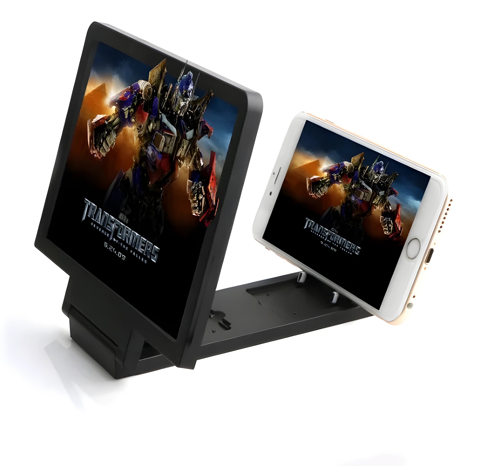 Black radiation-proof 3D mobile phone screen amplifier stand holding a smartphone