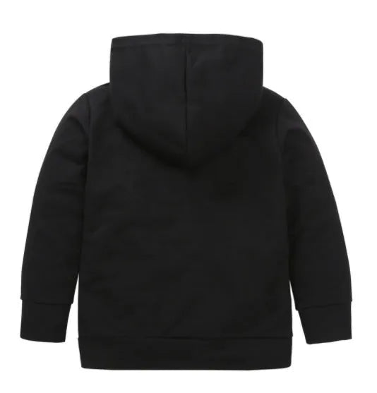 Boys' black and white hooded cotton sweater with letter pattern, long sleeves, and pullover design
