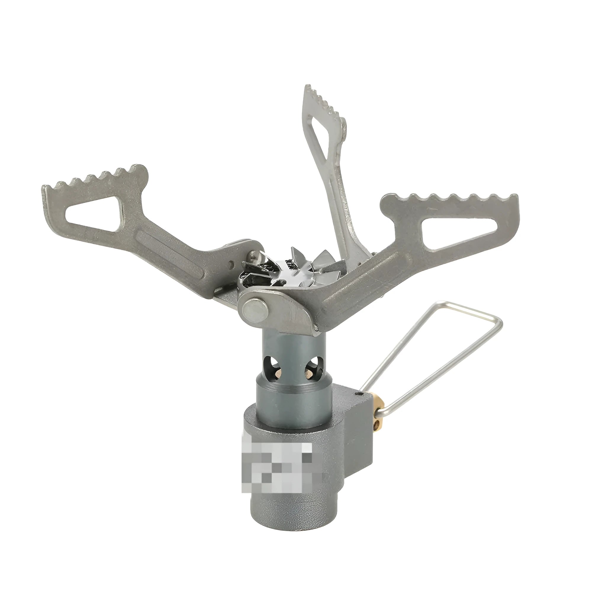 Compact portable propane camping stove with one-piece pressed steel furnace, black finish, and extended legs on a rocky surface.