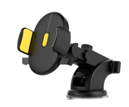 Yellow and black telescopic car phone holder with suction cup mounted on a dashboard.