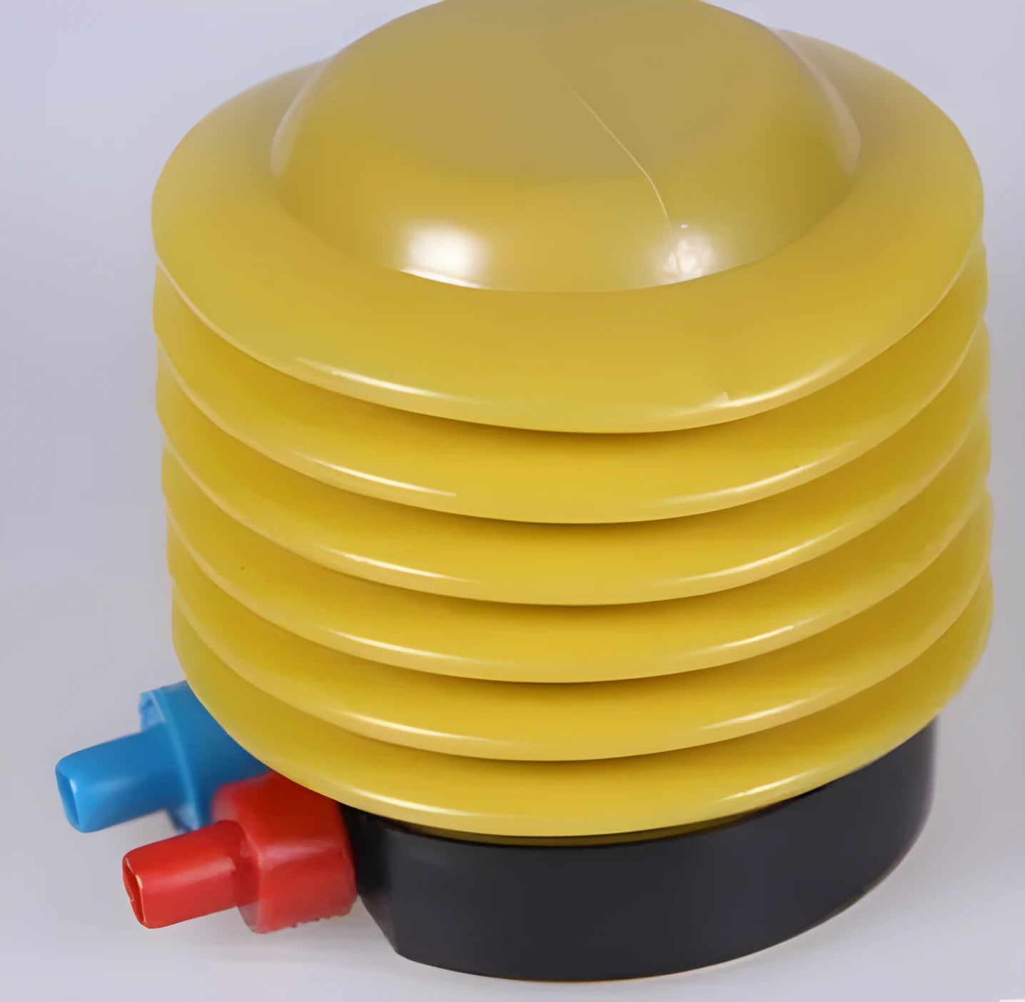 Blue and red pedal foot pump for inflating swim rings with 4-inch diameter