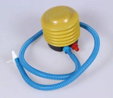 Blue and red pedal foot pump for inflating swim rings with 4-inch diameter