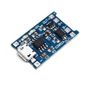 Small blue lithium battery charging and protection circuit board with solder terminals