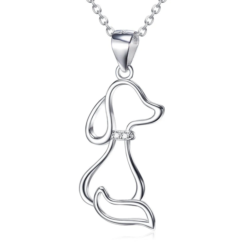 Ladies 925 sterling silver dog pendant necklace with adjustable round bead chain on neutral background